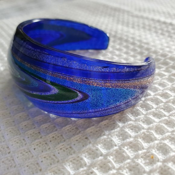 Dichroic Glass Cuff Bangle Cobalt Blue Metallic Shimmery Swirls Milky Way Design - Picture 5 of 6